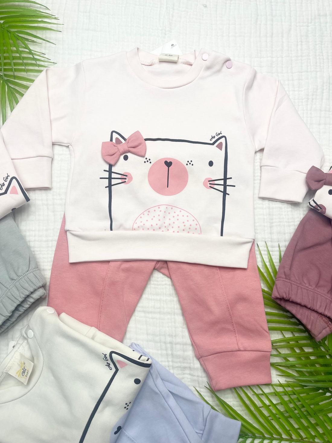 AİR BABY FİYONKLU KEDİ BASKILI PENYE İKİLİ TAKIM