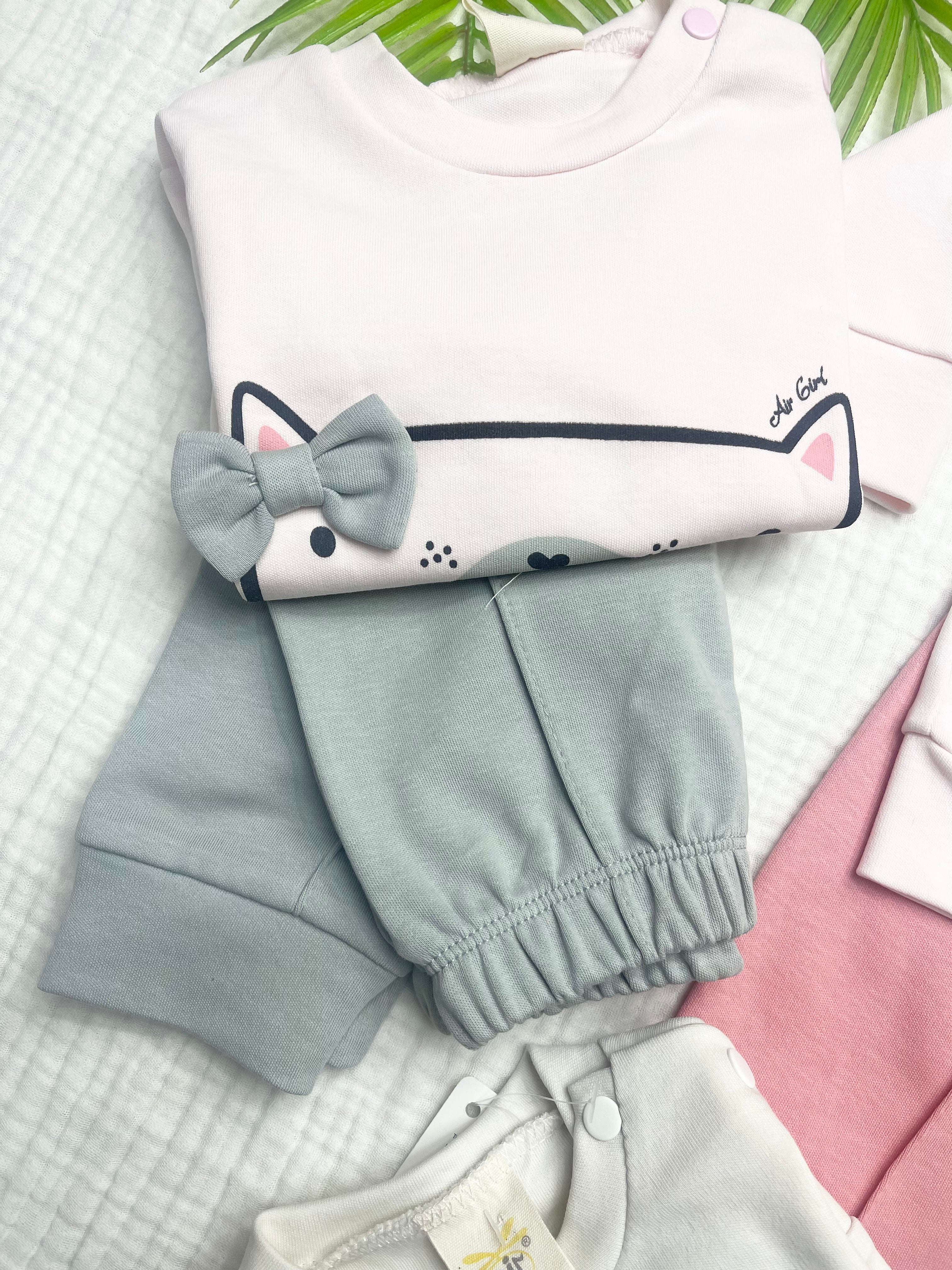 AİR BABY FİYONKLU KEDİ BASKILI PENYE İKİLİ TAKIM