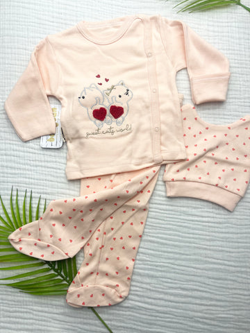 BABYCAN MİNİK KALPLİ KENDİNDEN ELDİVENLİ ÜÇLÜ YENİDOĞAN SET