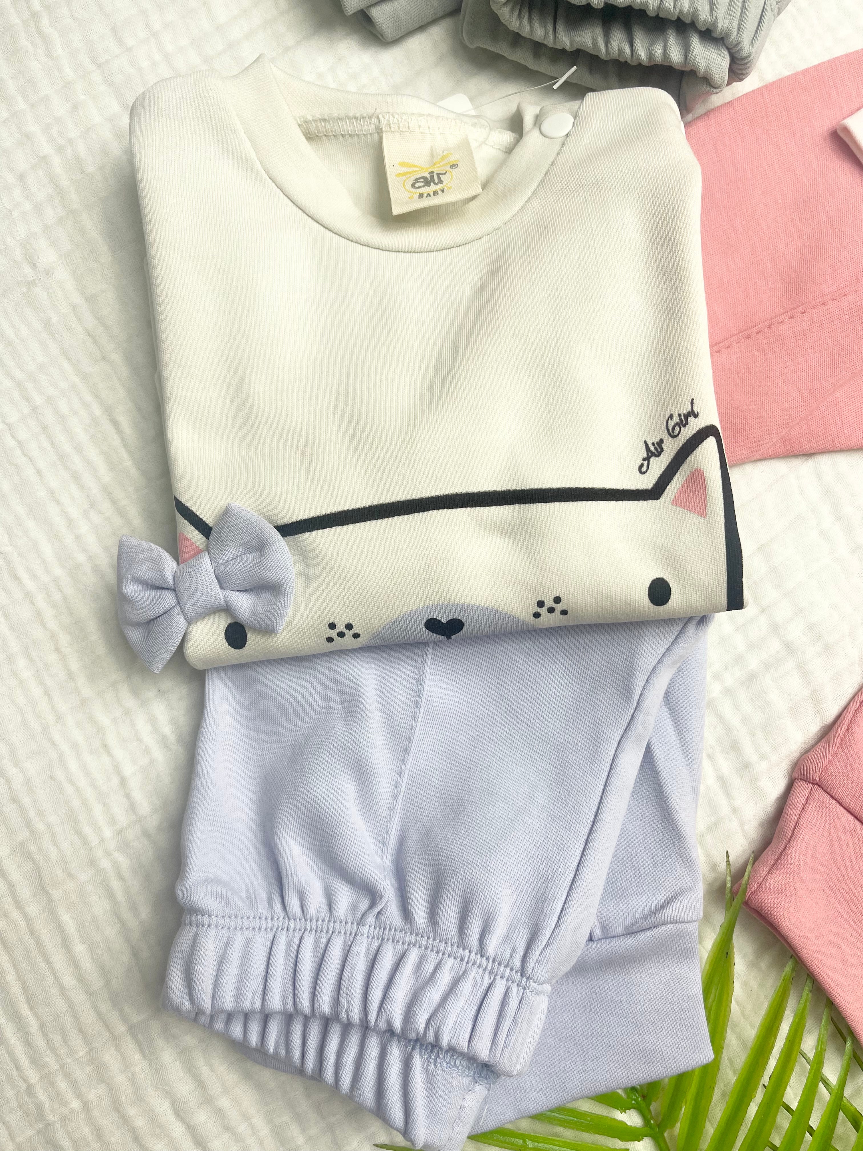 AİR BABY FİYONKLU KEDİ BASKILI PENYE İKİLİ TAKIM