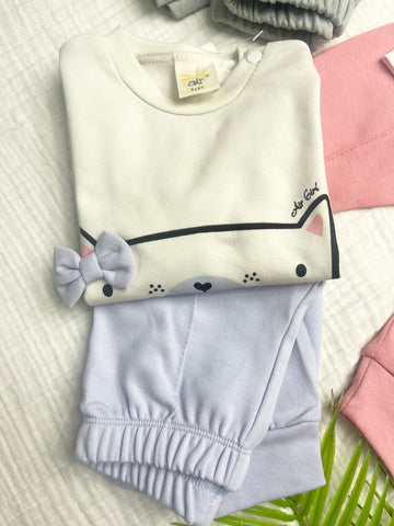 AİR BABY FİYONKLU KEDİ BASKILI PENYE İKİLİ TAKIM