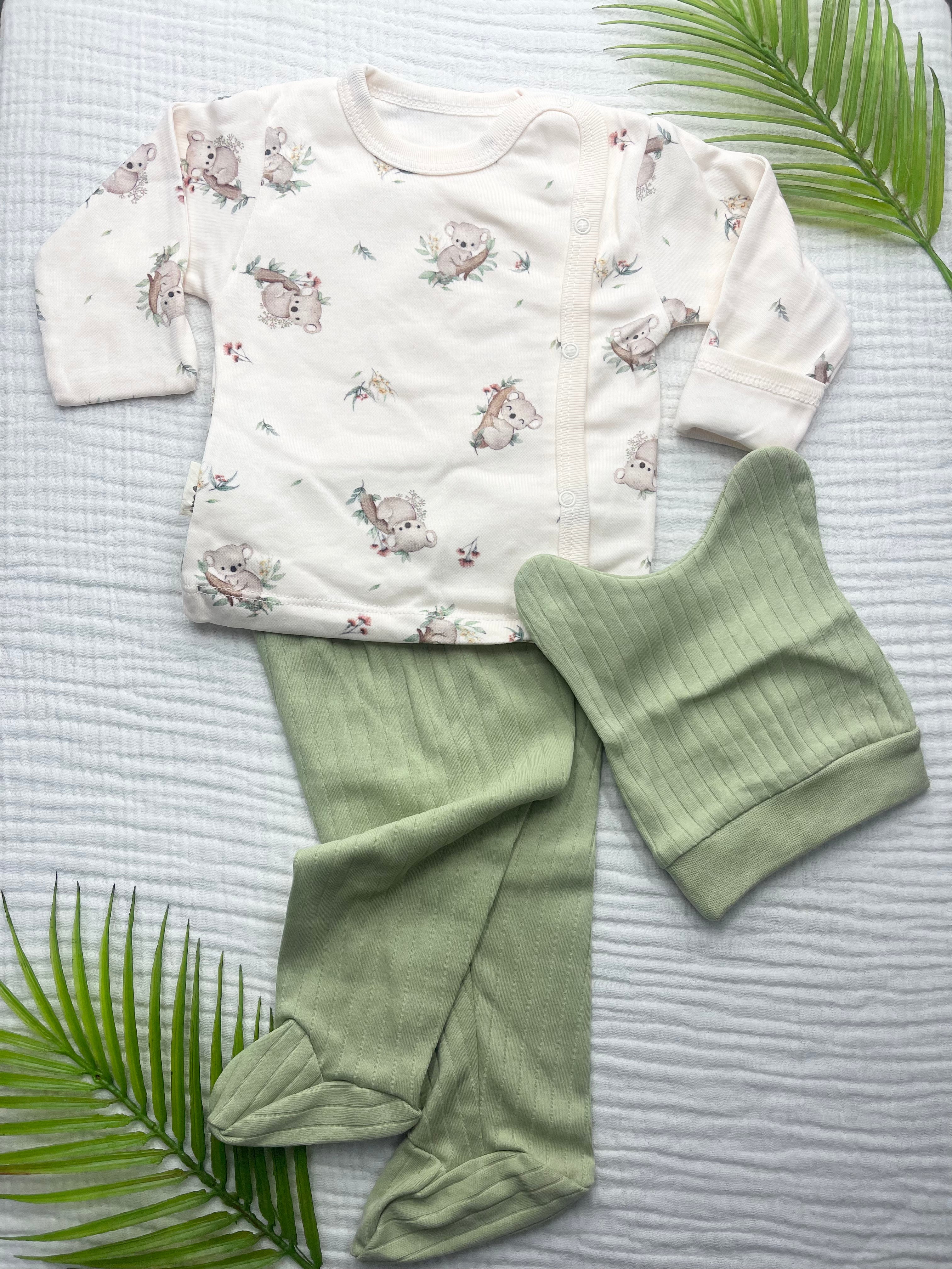 BABYCAN KAOLA DESENLİ KENDİNDEN ELDİVENLİ ÜÇLÜ YENİDOĞAN SET