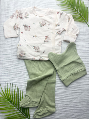 BABYCAN KAOLA DESENLİ KENDİNDEN ELDİVENLİ ÜÇLÜ YENİDOĞAN SET