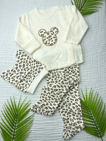 BABYCAN LEOPAR DESENLİ KENDİNDEN ELDİVENLİ PRATİK ÜÇLÜ YENİDOĞAN SET