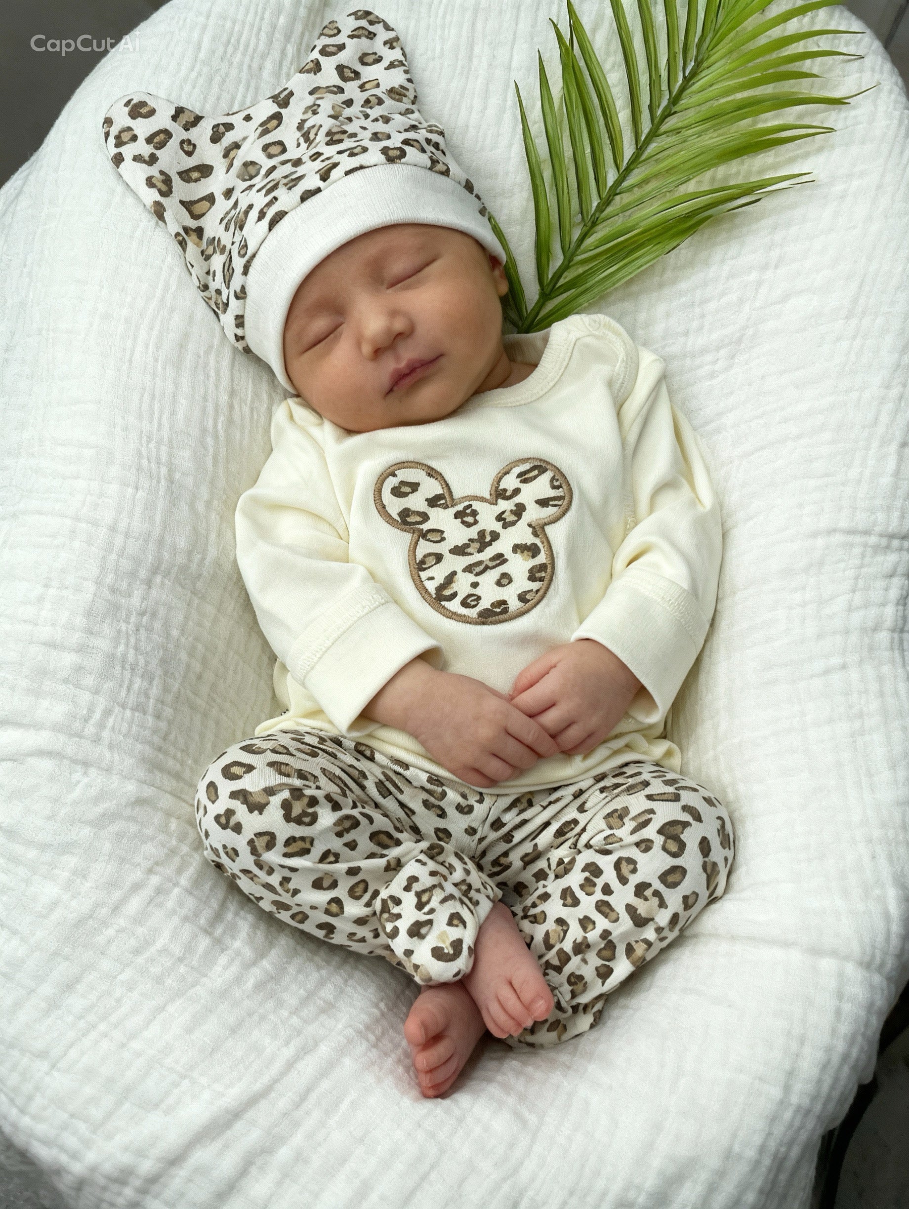 BABYCAN LEOPAR DESENLİ KENDİNDEN ELDİVENLİ PRATİK ÜÇLÜ YENİDOĞAN SET